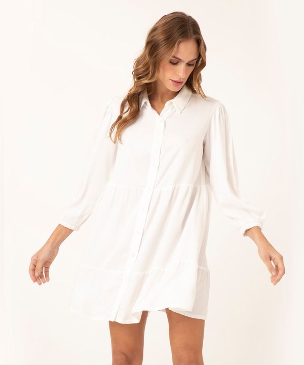 vestido chemise curto de viscose com recortes manga bufante off white PP