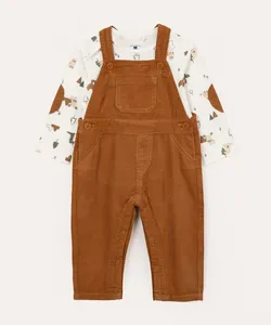 jardineira longa infantil de veludo com blusa bichinhos marrom 9-12