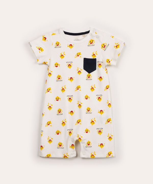 macaquinho infantil manga curta com bolso baby shark off white 6-9