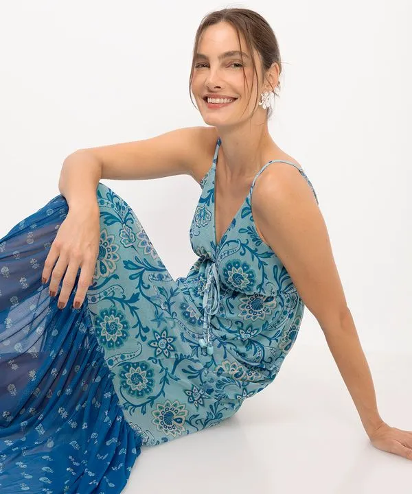 vestido midi feminino de tule estampado azul M