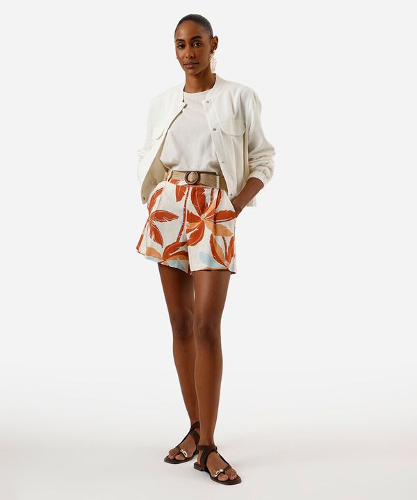 short feminino com linho e cinto folhagens amarelo 42