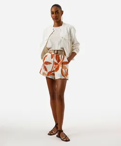 short feminino com linho e cinto folhagens amarelo 38