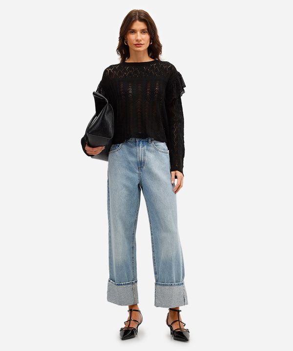 calça reta feminina jeans barra dobrada com brilhos azul 42