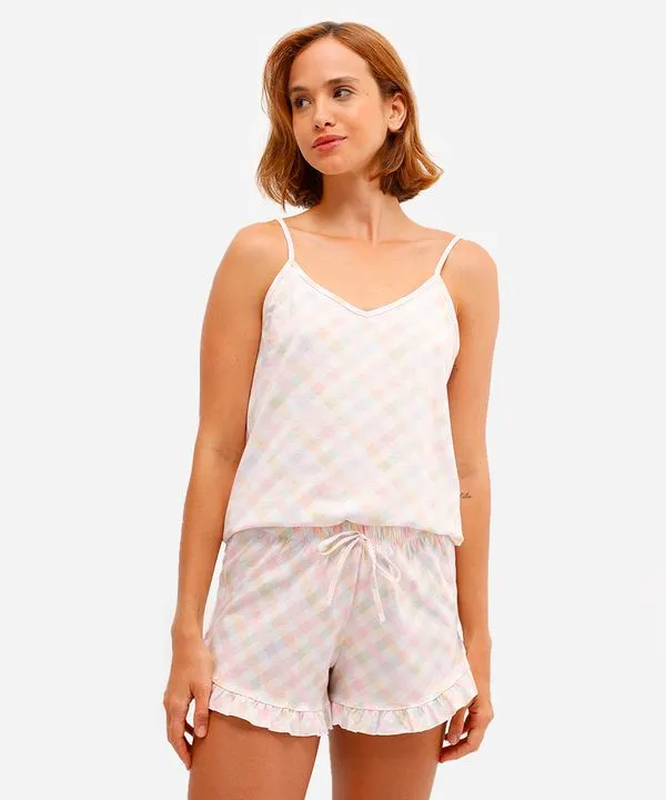 pijama short doll feminino xadrez off white M