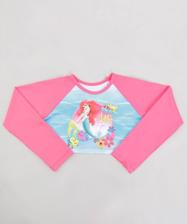 Blusa de Praia Infantil Pequena Sereia Ariel Cropped Raglan Manga Longa com Proteção UV50+ Pink 12