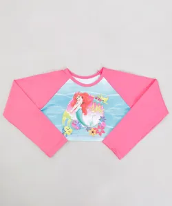 Blusa de Praia Infantil Pequena Sereia Ariel Cropped Raglan Manga Longa com Proteção UV50+ Pink 10