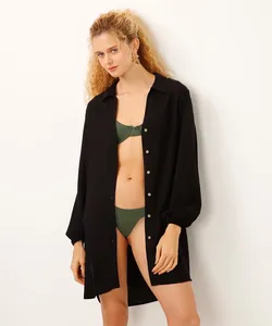 camisa saída de praia de viscose alongada preta P