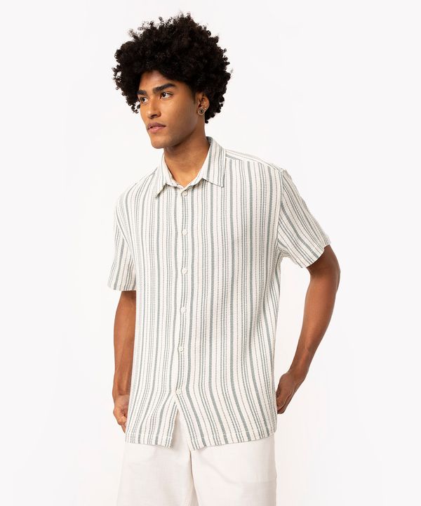 camisa de algodão texturizada listrada manga curta petróleo M