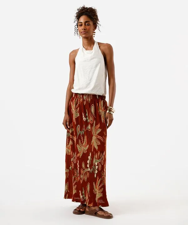 saia midi feminina plissada folhagens marrom G