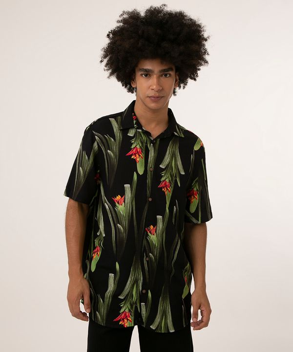 Camisa Masculina Estampada de Folhagem Manga Curta Preta P