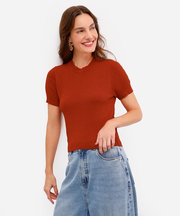 blusa feminina de tricot manga curta texturizada laranja PP