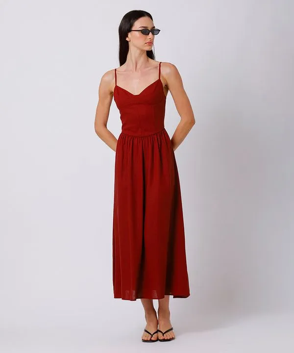 vestido mdi alça fina feminino com linho decote coração mindset vermelho GG