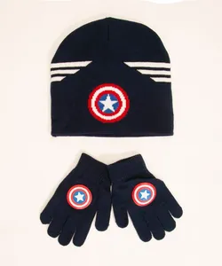 kit de gorro infantil de tricô capitão américa + luva azul marinho Único