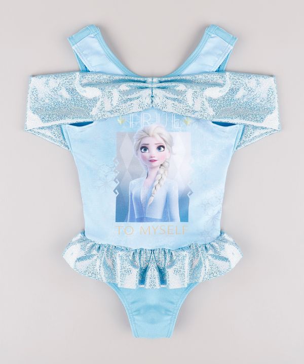 Maiô Infantil Elsa Frozen com Babado e Brilho Holográfico Proteção UV50+ Azul Claro 8