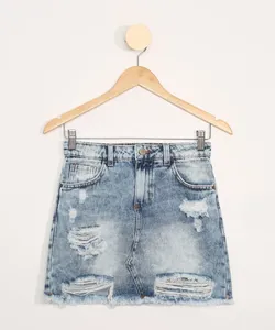 Saia Jeans Juvenil Destroyed com Bolsos Azul Médio 10