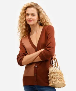 cardigan alongado feminino de tricot bicolor marrom P