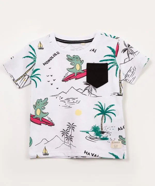 camiseta infantil manga curta praia com bolso branca 2