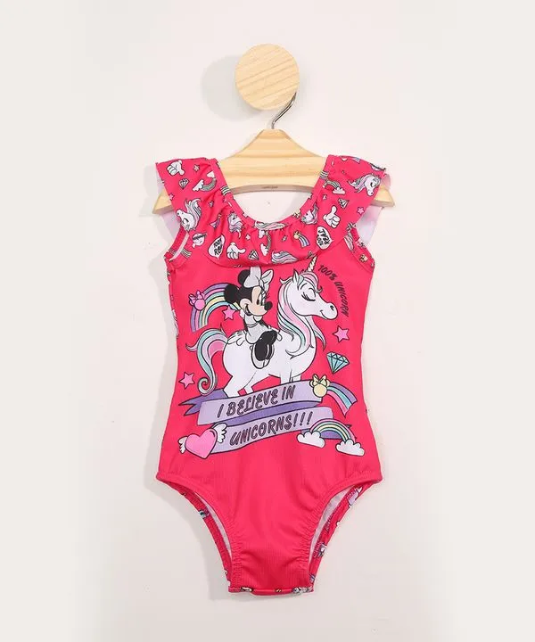 Maiô Infantil Minnie Estampado com Babados Proteção UV50+ Rosa 1