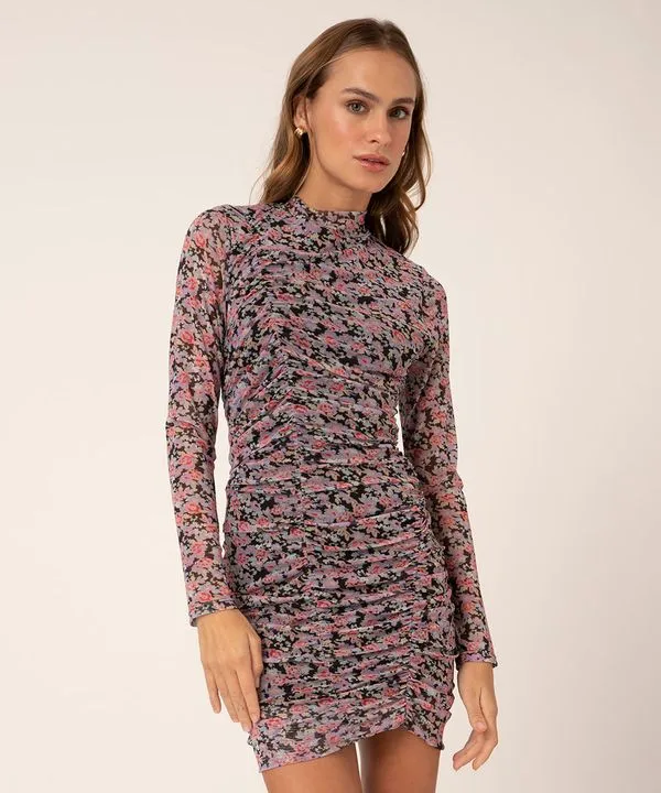 vestido de tule curto franzido floral preto G