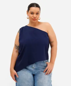 blusa ombro único feminina assimétrica plus size azul GG3