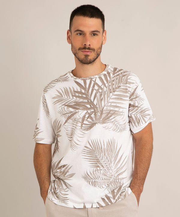 camiseta comfort de algodão estampada folhagem manga curta gola careca branca XG