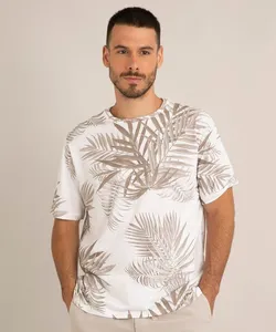 camiseta comfort de algodão estampada folhagem manga curta gola careca branca GG