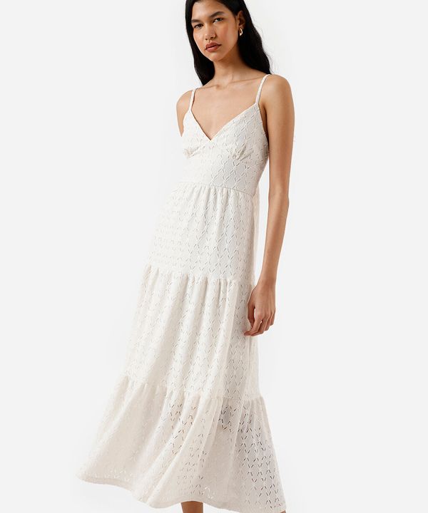vestido longo feminino de laise com amarração floral off white P