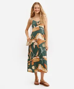 vestido midi feminino animal floral texturizado verde G