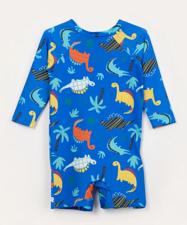macacão de praia infantil dinossauros com proteção uv50 azul 6-9