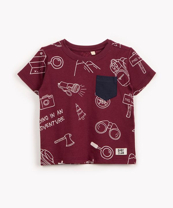 camiseta de algodão infantil acampamento com bolso manga curta vinho 5