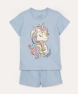 pijama curto infantil de algodão unicórnio azul 10