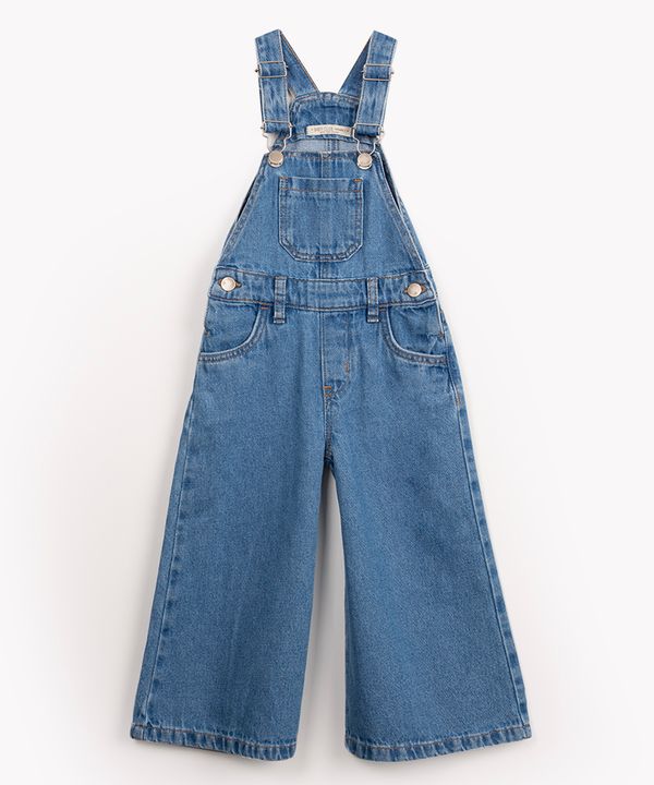 jardineira jeans infantil wide leg com bolsos azul médio 3