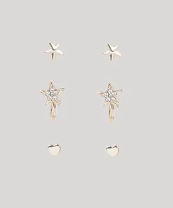 Kit de 3 Brincos Femininos Folheados Dourado Único