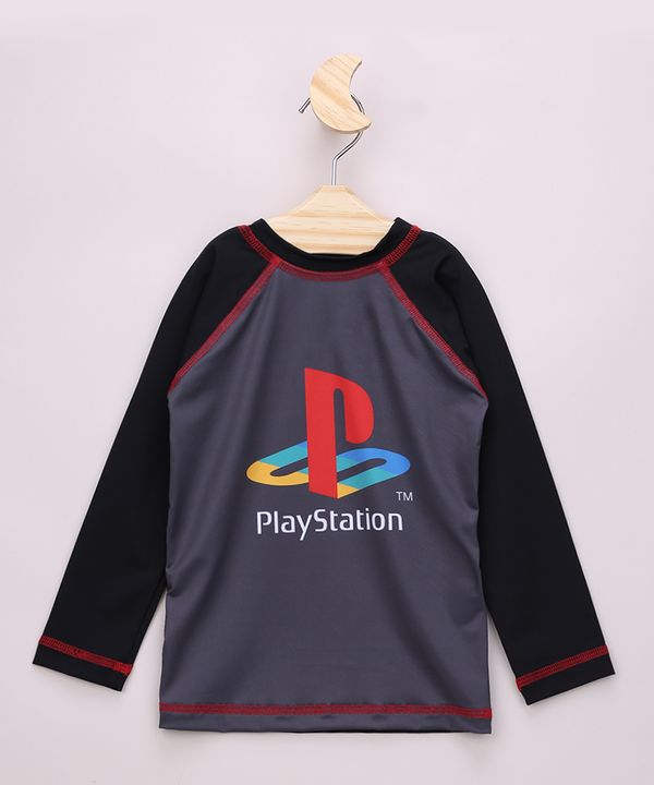 Camiseta de Praia Infantil Raglan Playstation Manga Longa com Proteção UV50+ Preto 6