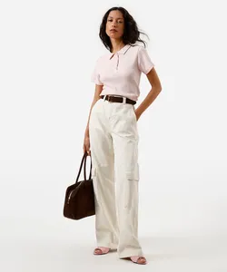 calça wide leg slim feminina de sarja com bolsos cargo bege 44
