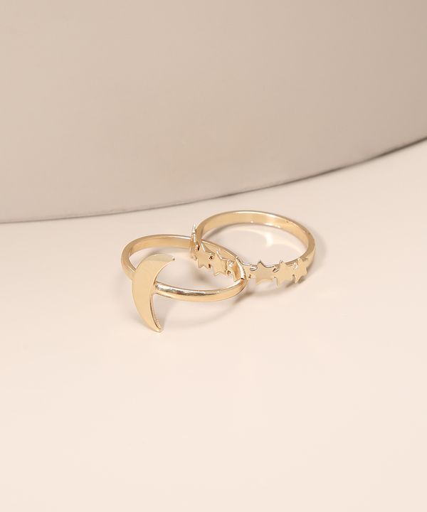 Kit de 2 Anéis Femininos Lua e Estrelas Dourado P