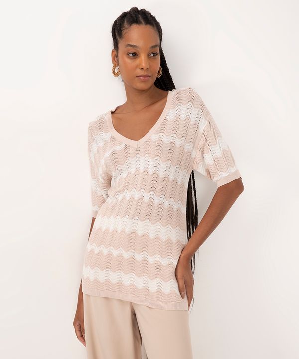 blusa de tricot ondas decote v bege G