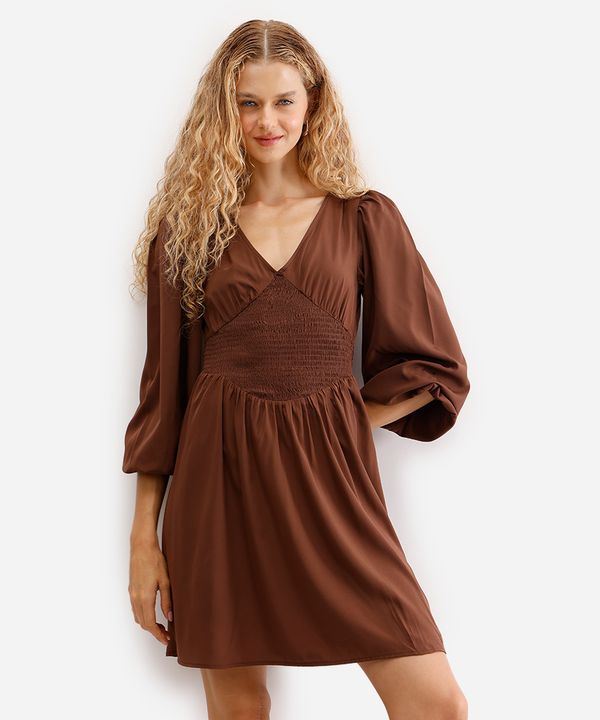 vestido curto feminino manga bufante com lastex marrom G