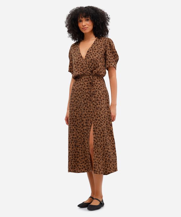 vestido midi feminino de viscose floral com fenda marrom P
