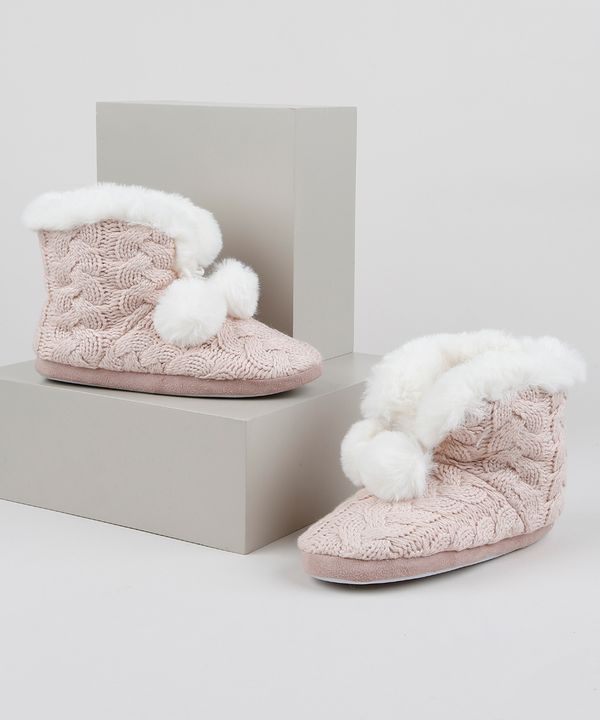 Bota em Tricot com Pompons e Pelo Rosa P