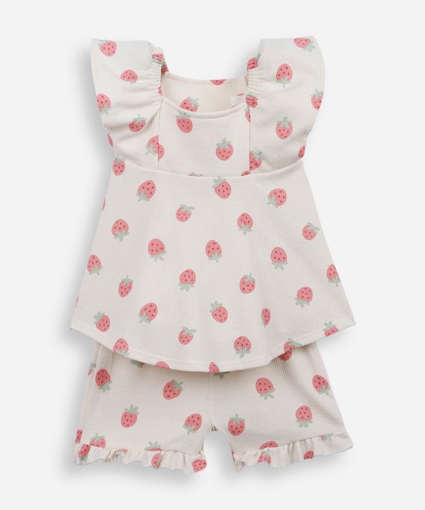 conjunto curto infantil com algodão morangos off white 9-12