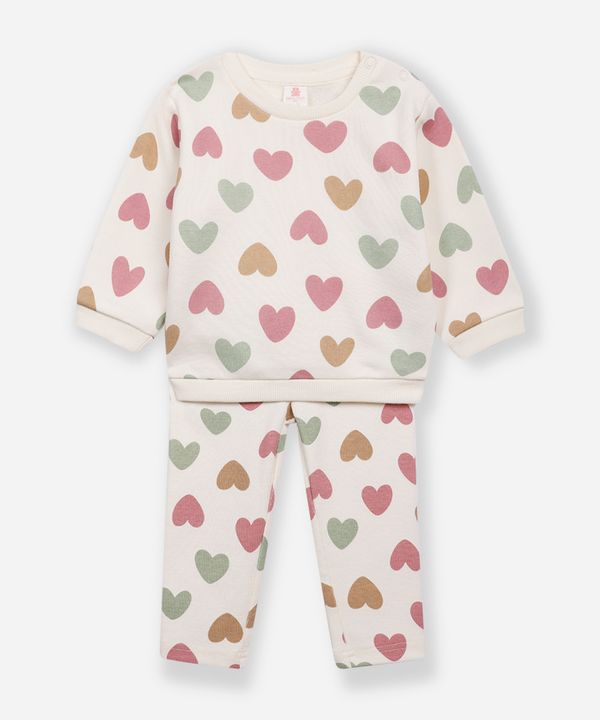 conjunto infantil longo de moletom coração off white 3-6