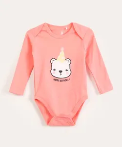 body infantil manga longa urso aniversário rosa médio 12-18