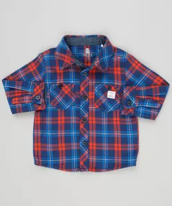 Camisa Infantil Xadrez em Flanela Manga Longa com Bolsos Azul Marinho 9-12