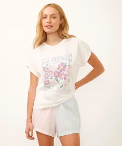 pijama short doll de algodão floral off white M