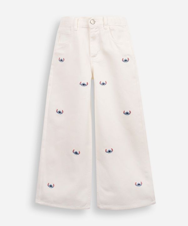 calça wide leg infantil de sarja bordados stitch off white 6