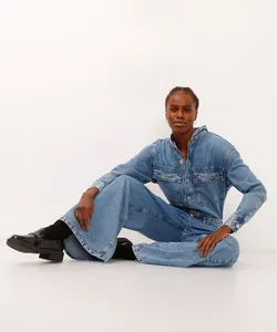 macacão jeans longo oversized azul M