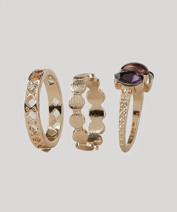Kit de 3 Anéis Femininos com Pedra Zircônia Dourado P