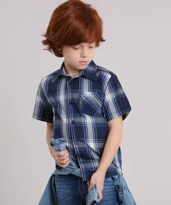 Camisa Infantil Xadrez Manga Curta com Bolso Azul Marinho 6