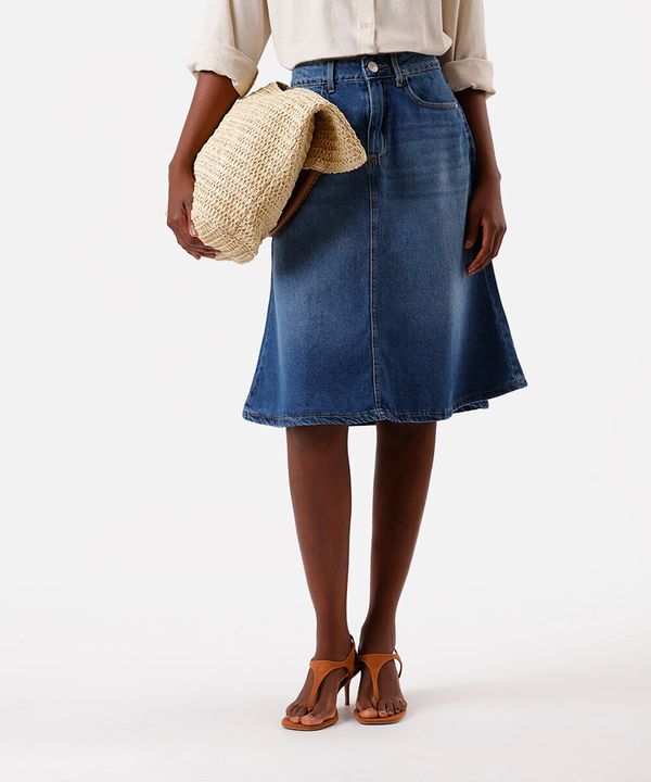 saia midi evasê feminina jeans azul 44